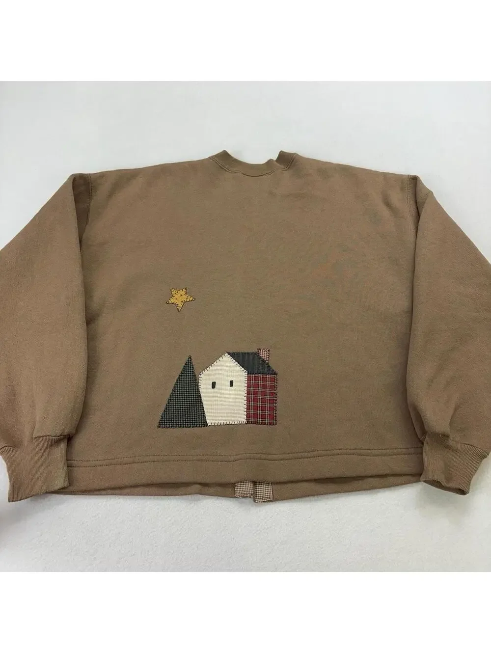 Vintage 90s Patchwork Town Sweatshirt Cardigan Womens Size XL Brown - Picture 2 of 9